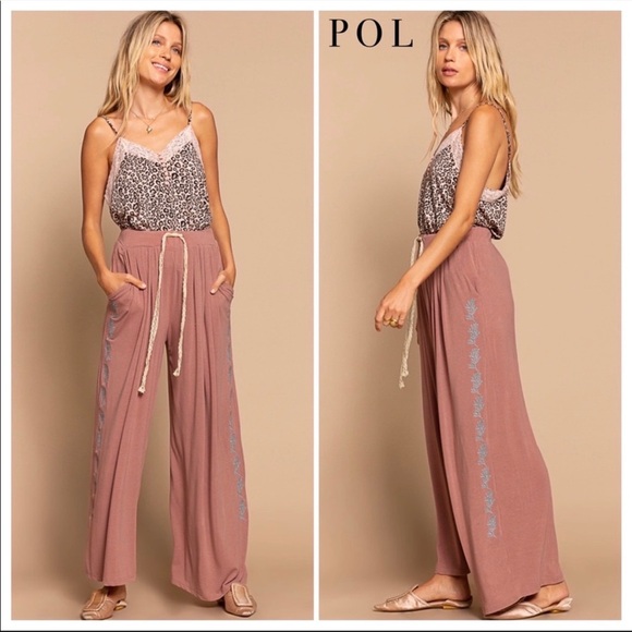 POL Pants - POL dusty rose floral leaf embroidered boho wide leg pants new soft lounge